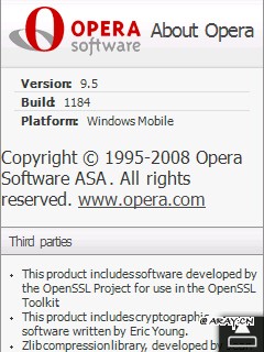 Opera Mobile v9.5 build1184 about